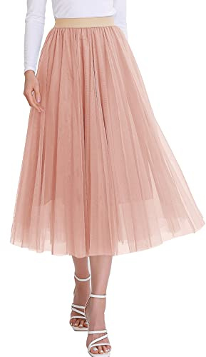 Women’s Tulle Skirts Midi Elastic High Waist Pleated Mesh Flowy A-Line Party Long Tutu Skirt