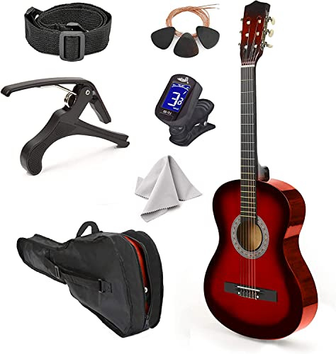Holzgitarre für Linkshänder, 76,2 cm, mit Tasche und Zubehör für Kinder/Mädchen/Jungen/Jugendliche/Anfänger, roter Farbverlauf