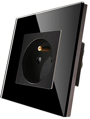 CNBINGO Prise Murale Electrique 16A - Prise Encastrable Standard Extra Plate - Single Prises de Courant Alternatif Panneau - Avec Panneau en Verre Trempé Noir
