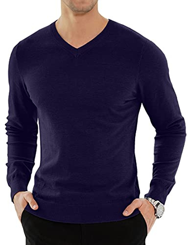 KUYIGO Hombres Llano V-Cuello Jersey de Punto Casual de Manga Larga suéter Jersey Superior de Trabajo de Oficina Profesional Inteligente L Azul Marino