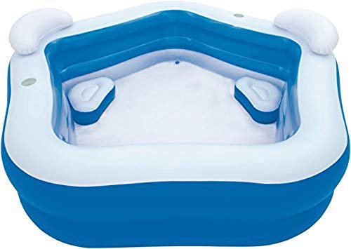 HODAGES Piscina Family Fun, Pentágono Inflable de 575 litros, 2 Anillos con 2 portavasos, 2 Cojines y 2 reposacabezas - 213 cm x 207 cm x 69 cm, Azul