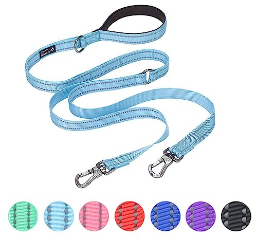 EXCELLENT ELITE SPANKER 5FT Doppelte Leine Reflektierende Nylon Hundeleine Mehrfache Hundeleine mit gepolstertem Griff für Zwei Hunde Training Gehen（Hellblau）