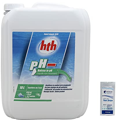HTH pH Minus Flüssigkeit 15 % – 10 l | Flüssiger pH-Korrektor, Pool Zubehör – Senkt den pH-Wert + 10 HPS-Tests gratis 6-in-1