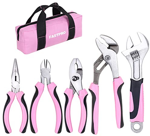 FASTPRO 5-teiliges rosa Allzweckzangen-Set mit Aufbewahrungstasche, inklusive Nutgelenk, diagonal, langer Nase, Gleitgelenkzange und 20,3 cm verstellbarem Schraubenschlüssel