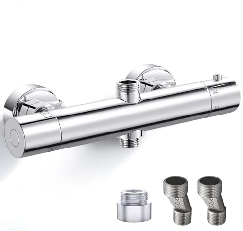 AIMOYO Duscharmatur mit Thermostat, Runden Mischbatterie Dusche mit 2 Auslässen, Verchromt Duschthermostat Ersatzteile, Oben 3/4 BSP + Unten 1/2 BSP, Armatur Dusche mit 38 °C Sicherheitstaste