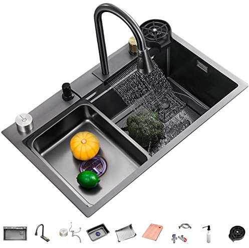 Lavello Cucina 80x45 cm con Effetto Cascata,Lavello Moderno Multifunzionale Workstation in Acciaio Inox 1 Vasca con Rubinetto Estraibile,Tagliere,Bacino di Scolatura,Dispenser Sapone e Lavabicchieri