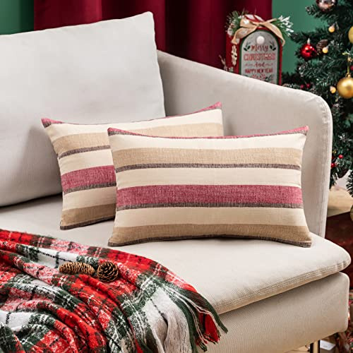 MIULEE Weihnachten Streifen Kissenbezüge Kissenhülle Leinenoptik Sofakissen Dekorative Kissenbezug Dekokissen Deko Couchkissen Bezug für Sofa Couch Schlafzimmer Wohnzimmer 2er Set 40x60 cm Rotwein
