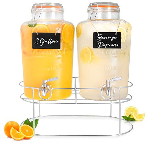 Ilyapa 2 pack 2 Gallon Glass Beverage Dispenser with Stand- Wide Mouth Mason Jar Drink Dispensers with Spigot - Leak Proof Glass Flip Top Lid