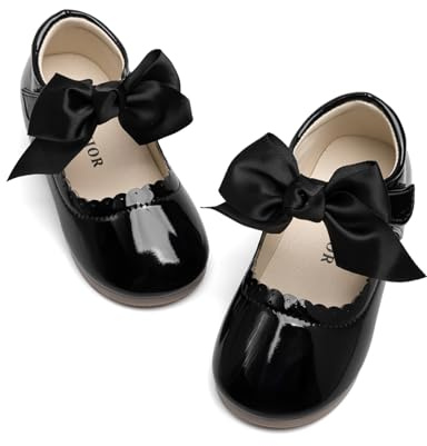 CENCIRILY Girls Mary Jane School Shoes with Bow Toodler Black Patent Shoes Classic Princess Wedding Party Dress Shoe for Little Girl