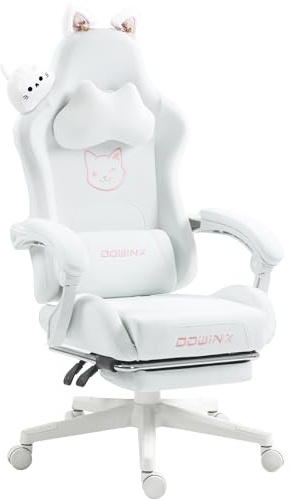 Dowinx Chaise de jeu/d’ordinateur, édition chat mignon blanc, ergonomique, avec dossier haut et soutien lombaire, repose-pieds, en cuir synthétique
