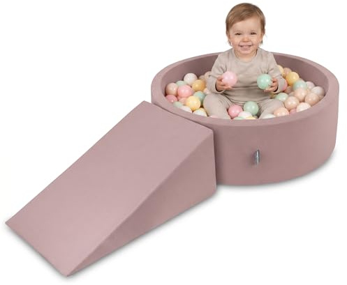 KiddyMoon Spielplatz mit bällebad 90x30cm und Rampe 100 Bälle 7cm Schaumstoff ballgrube für Baby und Kleinkinder - Erikafarben: Pastellbeige Pastellgelb Weiß Minze Puderrosa