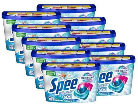 SPEE Power Caps Deo-Frische Kick 10x 18 WL (180 Waschladungen), Vordosiertes Vollwaschmittel Mit 4 + 1 Formel Bekämpft Alltagsgerüche für 24 h, für Temperaturen Von 20° - 95° C