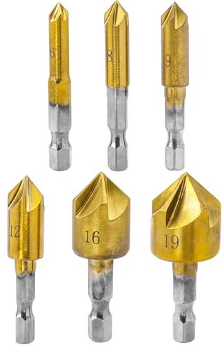 Treki 6 Pcs Countersink Drill Bit Set, 5 Flute 82 Degree High Speed Steel Chamfering Countersink Bits 1/4 Inch Hex Shank Titanium Coated Center Countersunk Bits for Wood, Plastic Drilling 6mm-19mm﻿﻿
