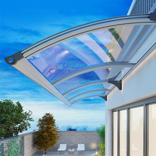 Auvent de Porte d'entrée avec Grand Guide l'eau Toit Marquise en Transparent Polycarbonate Support en Aluminium Argent Toit Abri Terrasse Auvent de Patio Protection (65×360cm)