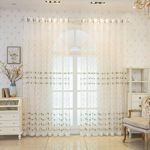 Bishilin Vorhänge Weiß 2er Set, Vorhänge Halbtransparent Ösen 132x244CM Landhausstil Stickerei mit Blau Blumen Motiv Gardinen Lichtdurchlässig Wohnzimmer Schlafzimmer Küche