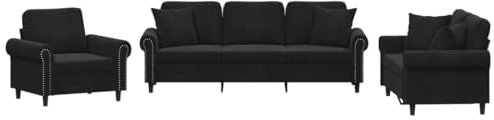 HETFTJN Sofagarnituren Wohnzimmer Couch Schlafsessel Lounge Sofa - 3-TLG. Sofagarnitur mit Kissen Schwarz Samt für Sitzzimmer Relaxationsraum Büro Jugendzimmer