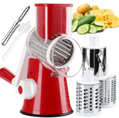 Rotary Cheese Grater with 3-in-1 Stainless Steel Blades,Slicer, Nut Grinder, Vegetable Slicer,Multifunctional Manual Slicer,and Spiralizer for Cheese, Fruits, and Nuts,Comes with A Peeler and Brush