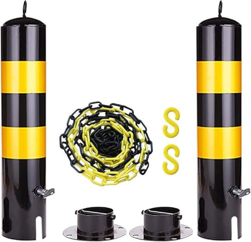 Metall-Sicherheitspoller und Absperrketten-Set, 2 Stück, robuste Pfosten mit robuster Kunststoffkette, Parkplatz, Sicherheitspoller mit Aufhängering und beweglicher Basis (Größe: 55 x 11,4 cm)