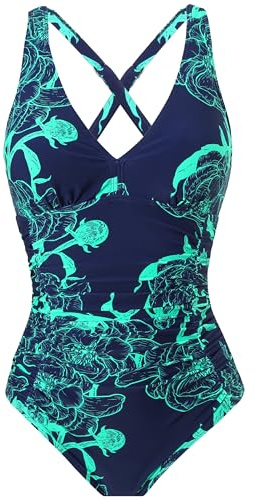 LA ORCHID Damen Strand Swimwear V ausschnittt Push up Badeanzug bauchweg Urlaub high Waist bademode Badeanzug Vintage Blau mit Grün Blummen XL