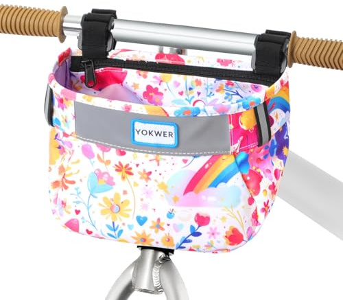 YOKWER Kids Bike Basket Front for Boys Girls, Waterproof Bicycle Front Basket Handlebar Bag with Reflective Safety Straps, Easy to Install Kids Bike Scooter Accessories (Pink Flower)