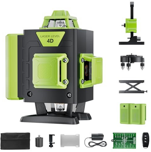 Olubfdh Verde Livella Laser Autolivellante 4x360 °, 16 Linee Livello per lavori di costruzione e per appendere quadri, Telecomando, 2 * batterie