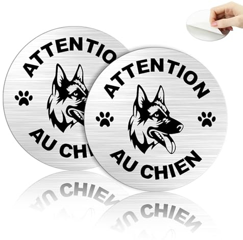 Takula - Placa de atención al perro, 10 cm, 2 pegatinas de perro mechante, logotipo de metal cepillado, con soporte, apto para todos los entornos
