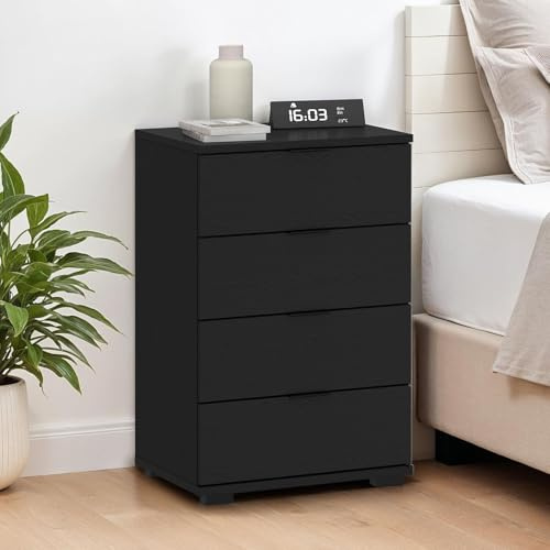 CARO-Möbel Nachttisch Piano Esche schwarz -Nachtkommode für Boxspringbetten, Nachtschrank mit 4 Schubladen und Griffen aus Kunststoff, Korpus aus MDF/Spanplatte