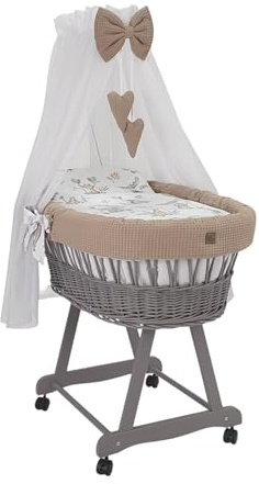 Wiklinopol Stubenwagen aus Weide mit Baldachin und Gestell Lena – Moseskorb in Grau, Komplettset mit 5-TLG. Waffel-Bettwäsche Safari Beige – Mit Rollen, Tragbar, Sicher