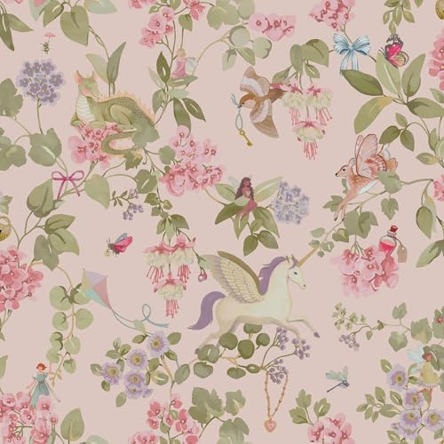 Holden Storybook Away with the Fairies Unicorn Themed Wallpaper with Dragons Butterflies for Girls' Bedrooms, Nurseries, Playrooms in Pink (14021)