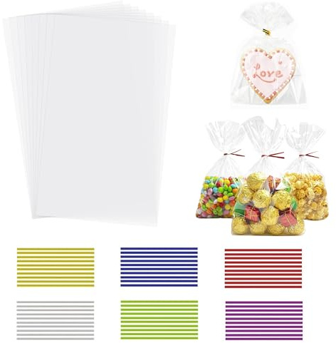 100 Stück Durchsichtige Cellophantüten groß 27x13 cm Süßigkeiten Geschenkbeutel mit 100 bunten Krawatten Geeignet klarsichttüten für Süssigkeit Chocolate Brot