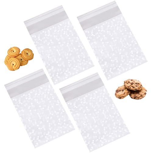UEKPDM Cellophane Bags, 200 Pack Polka Dot Self-Seal, 8x10cm | Food-Grade OPP, Frosted with White Dots, Peel & Seal, for Cookies, Candies & Party Favours