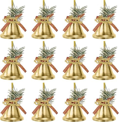 Ciondolo a Forma di Campana di Natale 12 Pezzi, Campana d'Oro con Fiocchi Natalizi e Aghi di Pino per Ornamenti Albero di Natale Decorazioni Ghirlanda Porta