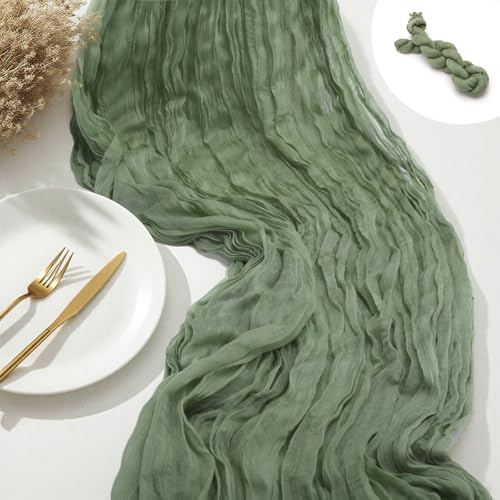 Tischläufer Boho 90x400cm Käsetuch Tischband Faltiger Gaze Stoff in Salbeigrün für Vintage Tischdeko Hochzeit, Geburtstag, Tischläufer Modern Elegante Tischdecke Deko für Wohnzimmer, Esstisch, Feier