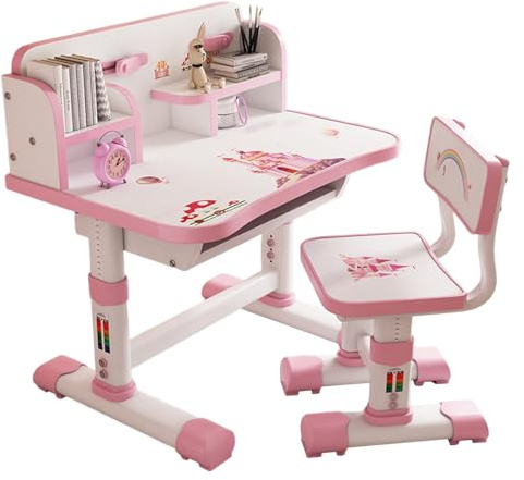 Générique 2Pcs / Set Table Enfant avec Chaise et Réglables en Hauteur, Ensemble de Bureau Enfant, Bureau Enfants Fille avec Correcteur d’Assise, Porte-Livres, Pédale, Conception de Cloison (Rose-A)