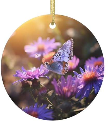 Adornos navideños de cerámica con diseño de mariposas y crisantemo morado, redondos, adecuados para árboles de Navidad, fiestas de vacaciones y decoración del hogar