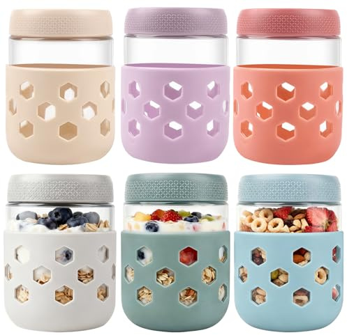 MR.KIANGCI Overnight Oats Gläser mit Deckel und Silikonhülle,500ml 6 Stück Meal Prep Gläser,Pastellfarben Vorratsgläser für Meal Prep Hausgemachte Marmelade, Einmachen, Mason Jar, Sauertei