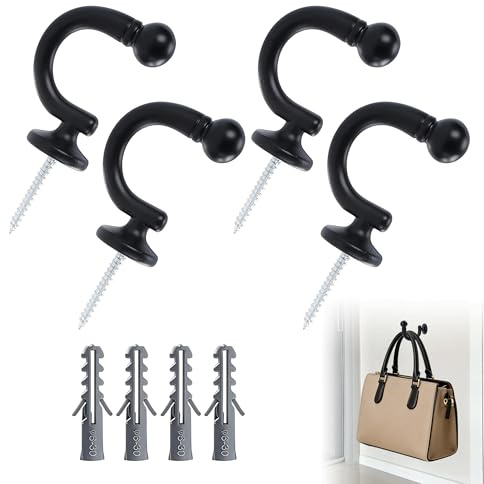 Tie Back Hooks for Curtains, 4Pcs, U-Shaped Metal Ball End, Black | Heavy Duty, Screw in Design, Multi-Purpose (Keys, Coat, Drapes), Elegant Curtain Holder, Bedroom Living Room Hallway Decor