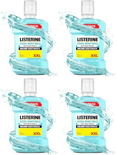 Listerine Cool Mint Mild Mundspülung Alkoholfrei, 4 x 1000 ml | Antibakterielles Mundwasser mit ätherischen Ölen, milder Minzgeschmack, ohne Alkohol, Ergänzung zur täglichen Mundpflege