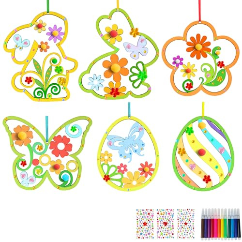 Ostern Bastelset Kinder, 24 Holzanhänger Mit 6 Motiven, Frühling Basteln ab 4 5 6 7 8 9 Jahre, Osterhase Ostereier Zum Bemalen, Osterbasteln Mit Kindern, Ostergeschenke, Osterdeko Frühlingsdeko