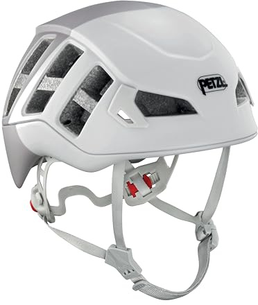 Petzl Meteor Helm M/L 57–61 cm – Leichter Kletterhelm Bergsteigerhelm Polycarbonat EPS Weiß Grau, belüftet mit Stirnlampenhalterung, hoher Schutz A071AC03