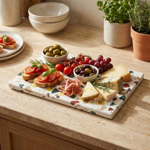 Santa Clara | Bandeja de Terrazo Decorado Toscana 30x20cm, Fuente de Servir Comida Rectangular para Aperitivos, Tapas y Quesos, Bandeja Presentación para Hogar y Cocina