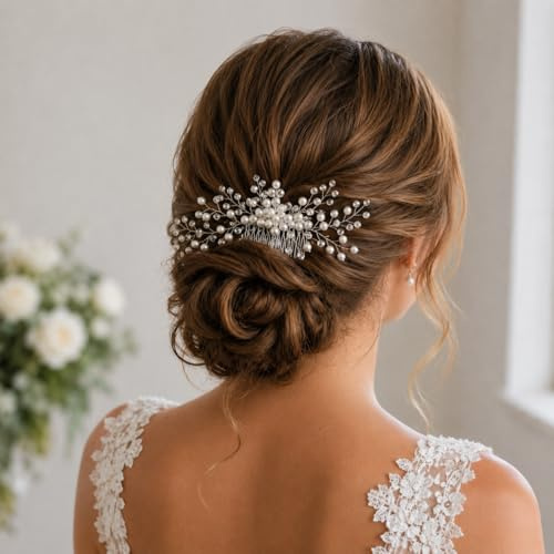 LEMONSTONE Haarschmuck Hochzeit Braut, Weißer Haarschmuck Perlen