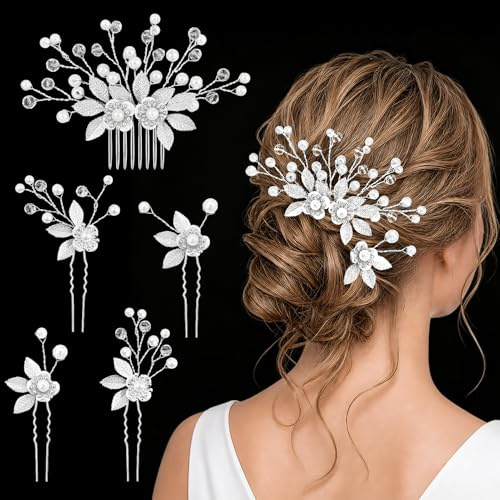 MELLIEX 5 Pièces Épingles à Cheveux de Mariage, Perle Accessoires de Cheveux de Mariée, Fleur Pince à Cheveux de Mariée Bijoux à Cheveux pour Femmes (Argenté)