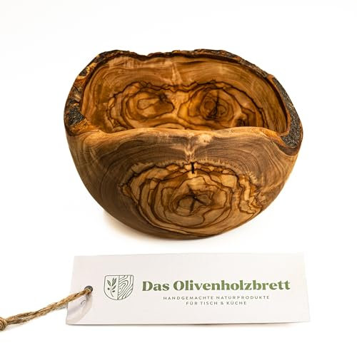 DAS OLIVENHOLZBRETT® Knabberschale aus Olivenholz rund, Holzschale im Naturschnitt, Brotschale aus Holz, Obstschale, 14cm