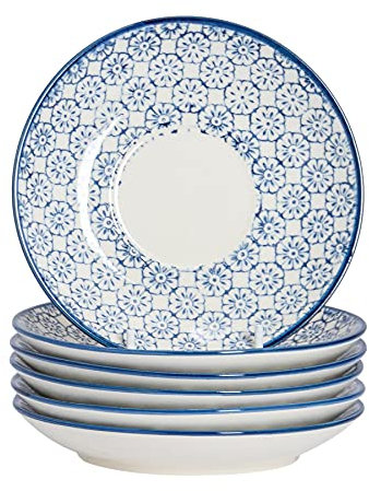 Nicola Spring Hand-Printed Cappuccino Saucers - 14.5cm - Navy - Pack of 6 - Porcelain Tea Dish Espresso Coffee Cup Plate