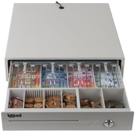 iggual -Cajón Portamonedas IRON-10W -Caja Efectivo - Registradora Manual o Automática para 4 Billetes y 6 Monedas - Cerradura 3 Posiciones- Acero+Plástico- -Uso profesiona -Blanco Perla (38x33,5x8)