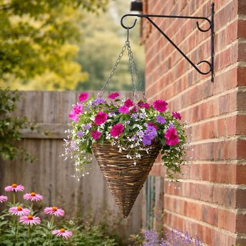 Garden Mile® Verschiedene Hängekörbe für den Innen- oder Außenbereich, zum Aufhängen im Garten, als Pflanzen-Übertopf, Blumenampel, aus Rattan/Weide/Kokosfasern, für eine Blumenwand, mit Klammern