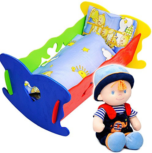 alles-meine.de GmbH 2 TLG. Set: Puppenwiege/Puppenbett - mit Bettzeug + Stoffpuppe/Schmuspuppe - Junge - buntes Naturholz - für Puppen - Decke & Kopfkissen - Holz Wiege K..