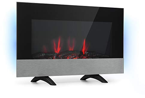 Klarstein Basel Electric Fireplace - Fan Heater with 1000 or 2000 Watt Heating Power, 2 Heat Settings, LED Flame Illusion in 7 Colours, Thermostat, Free-Standing or Wall Mounting, Weekly Timer, Black