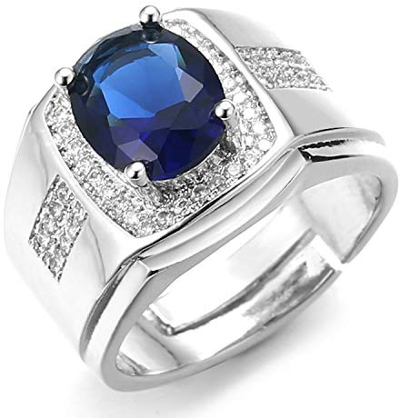 Halukakah Diamantring mit Blauem Edelsteinkristall,Herren 18 Karat Echtes Weißgold Platiniert Iced Out Handset Lab Diamanten Schwarz Achat Größe Einstellbar mit KOSTENLOSER Geschenkbox